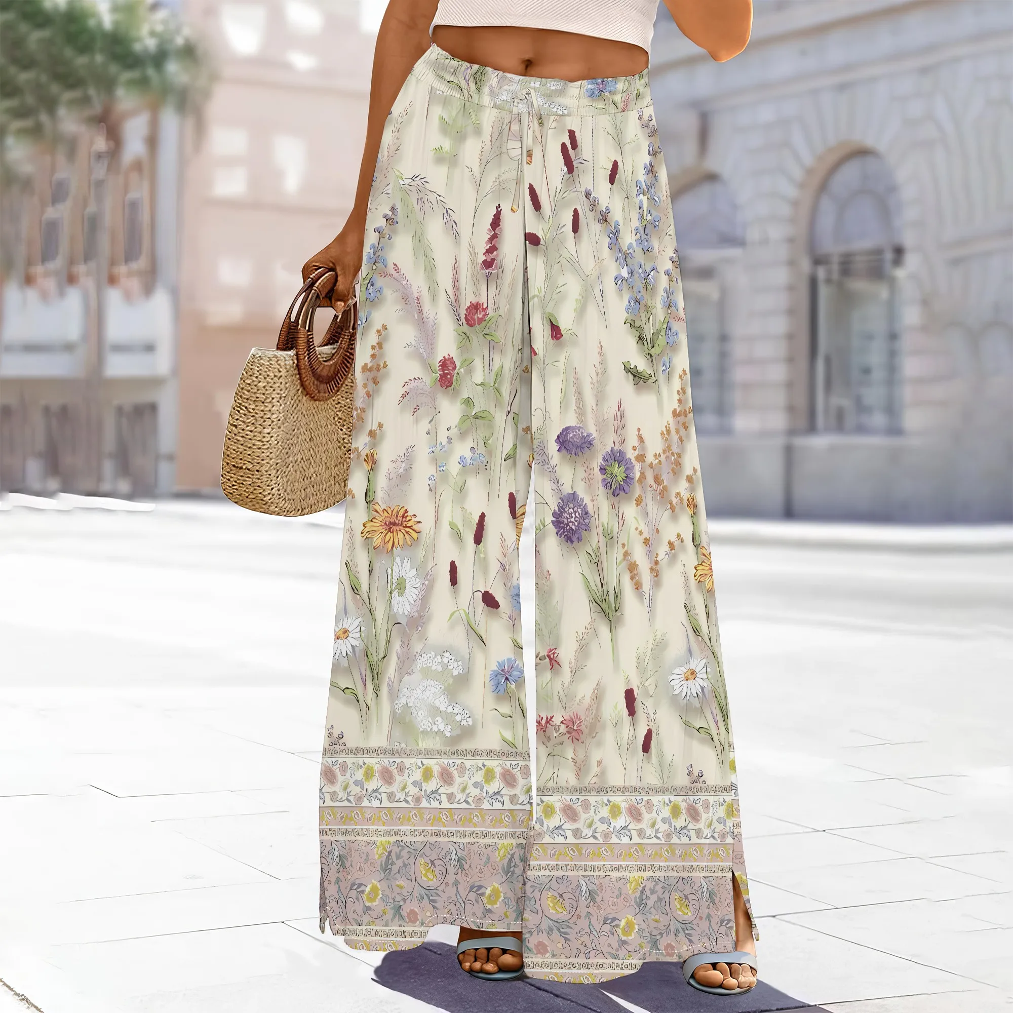 

Women's High-Waisted Lavender Floral Print Wide-Leg Pants Elastic Waist Pockets Slit Polyester Spring Soft