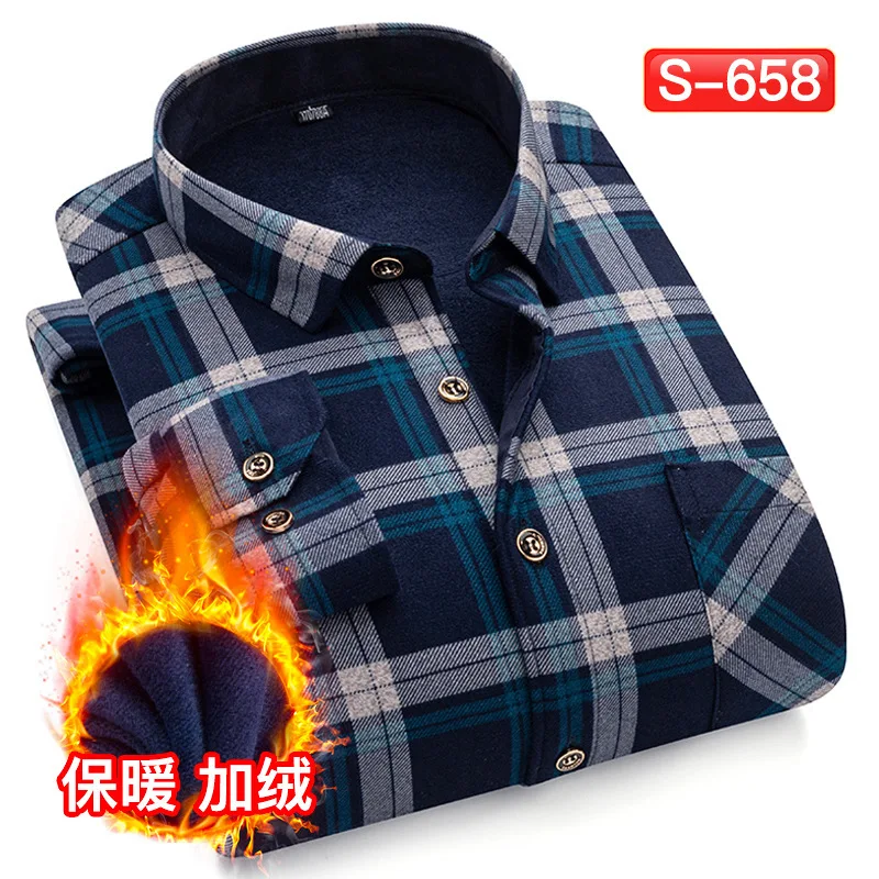 Autumn Winter Men's Fleece Thickened Warm Long Sleeve Shirt Jacket Striped Non Ironing Plaid Business Shirts For Men
