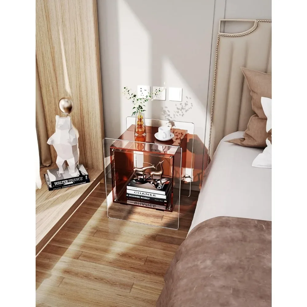 Acrylic bedside table coloured bedside table with open storage shelves, transparent side table in the living room (dark brown)