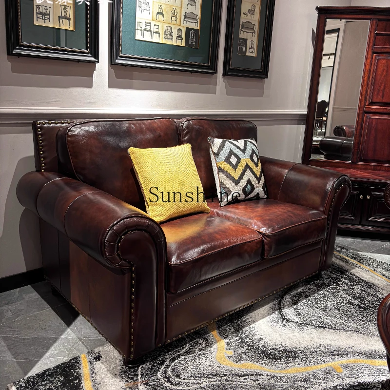 

American retro leather sofa living room first layer cowhide three-person straight row