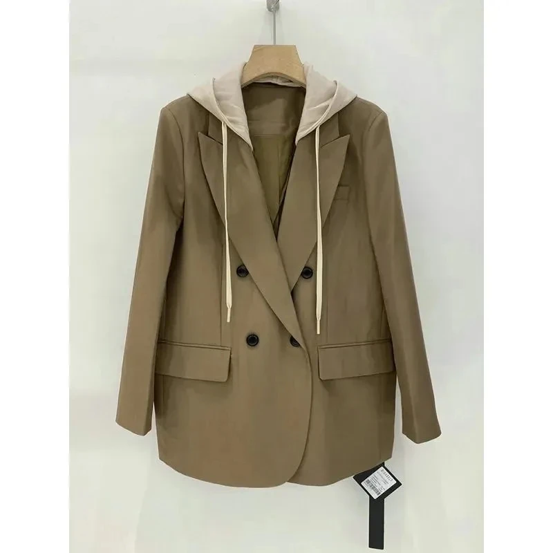 

Spring Autumn Fashion Khaki Hooded Suit Coat Women New Korean Version Loose Double Breasted Leisure Wild Female Blazer Jacket