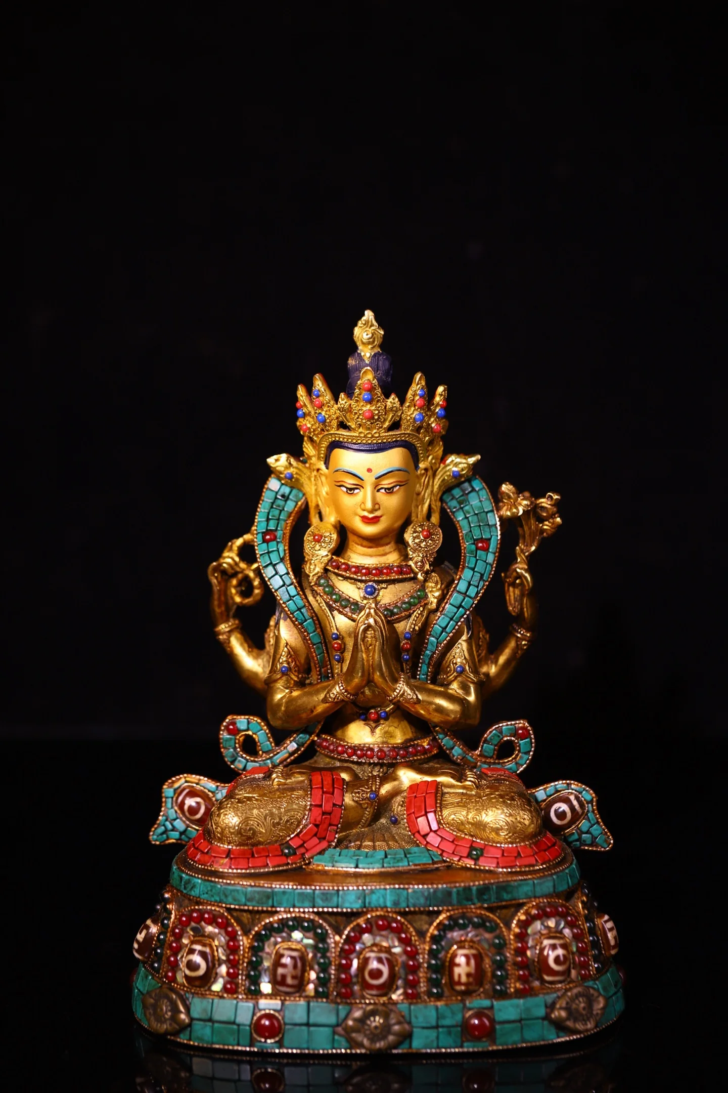 Old Purple Bronze Gilded Painted Face Mosaic Gem gZi Beads Turquoise Four armed Guanyin Sitting Buddha Lotus Buddha Terrace