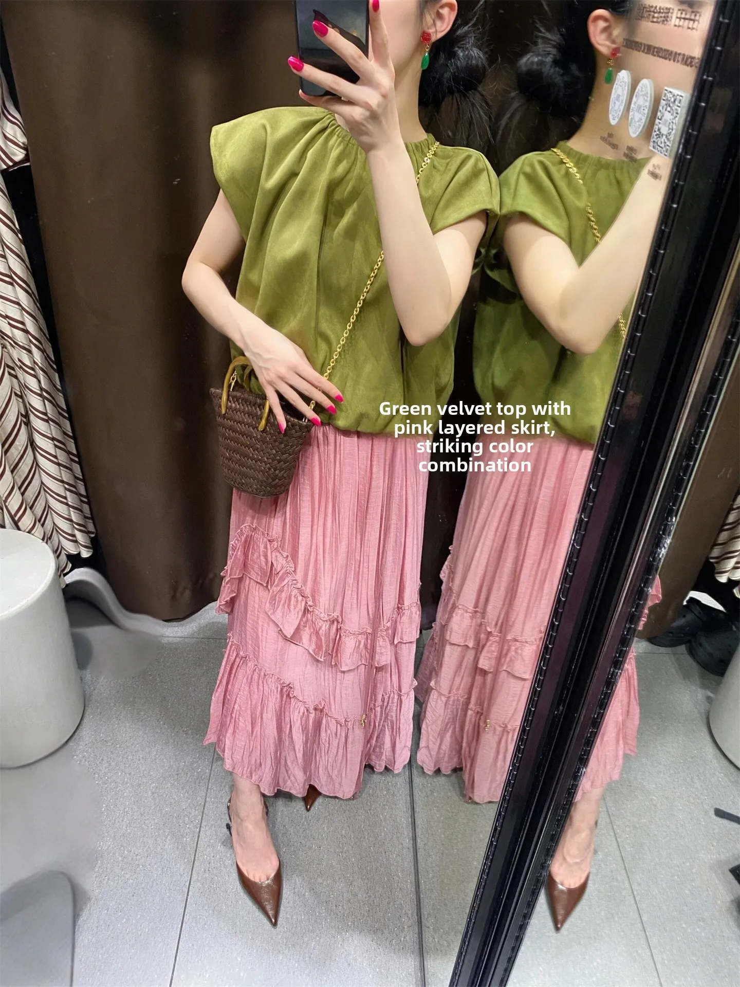 BANA Pink Lace A-Line Midi Skirt Women's Summer New Long Half Skirt Pearl Glitter High Waist City Commute Casual Style