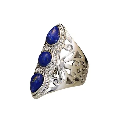 Vintage Creative Hollow Carved Lapis Lazuli Rings for Women Victoria Retro Exaggerated Rings Popular Fashion Jewelry