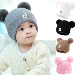 Autumn Winter Baby Double layer Warm Knitted Hat with Pom Children's Knitted Bean Hat Men's and Women's Accessories