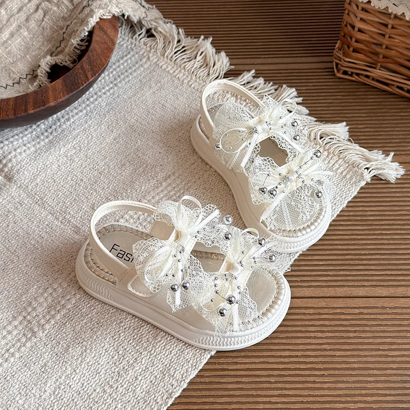 Girls Princess Shoes Sweet Lace Bows Kids Beach Shoes Korean Style Soft Bottom 2026 Summer New Children Sandals Open Toes