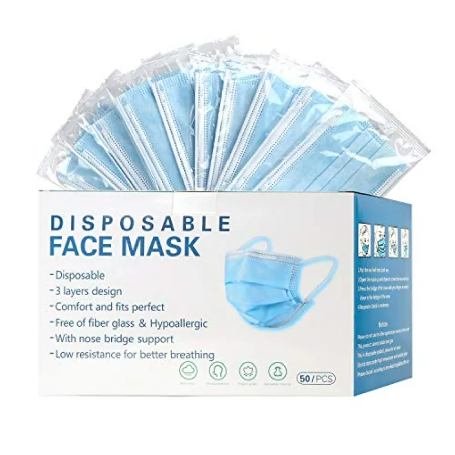 

Disposable Face Mask 50 Pack Individually Packaged Wrapped Protection For Adults 3-layer Filter Safety Face Masks
