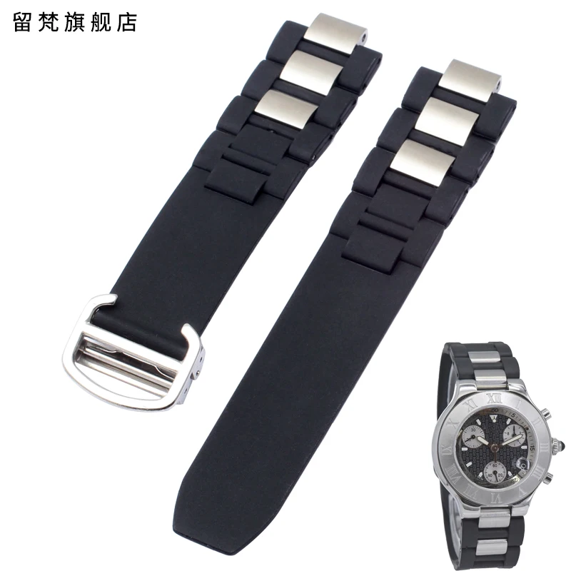 

For Cartier 21st Century Silicone Watch Strap 20mm-10mm Convex Interface Stainless Steel Black Rubber Replacement Watch Bands