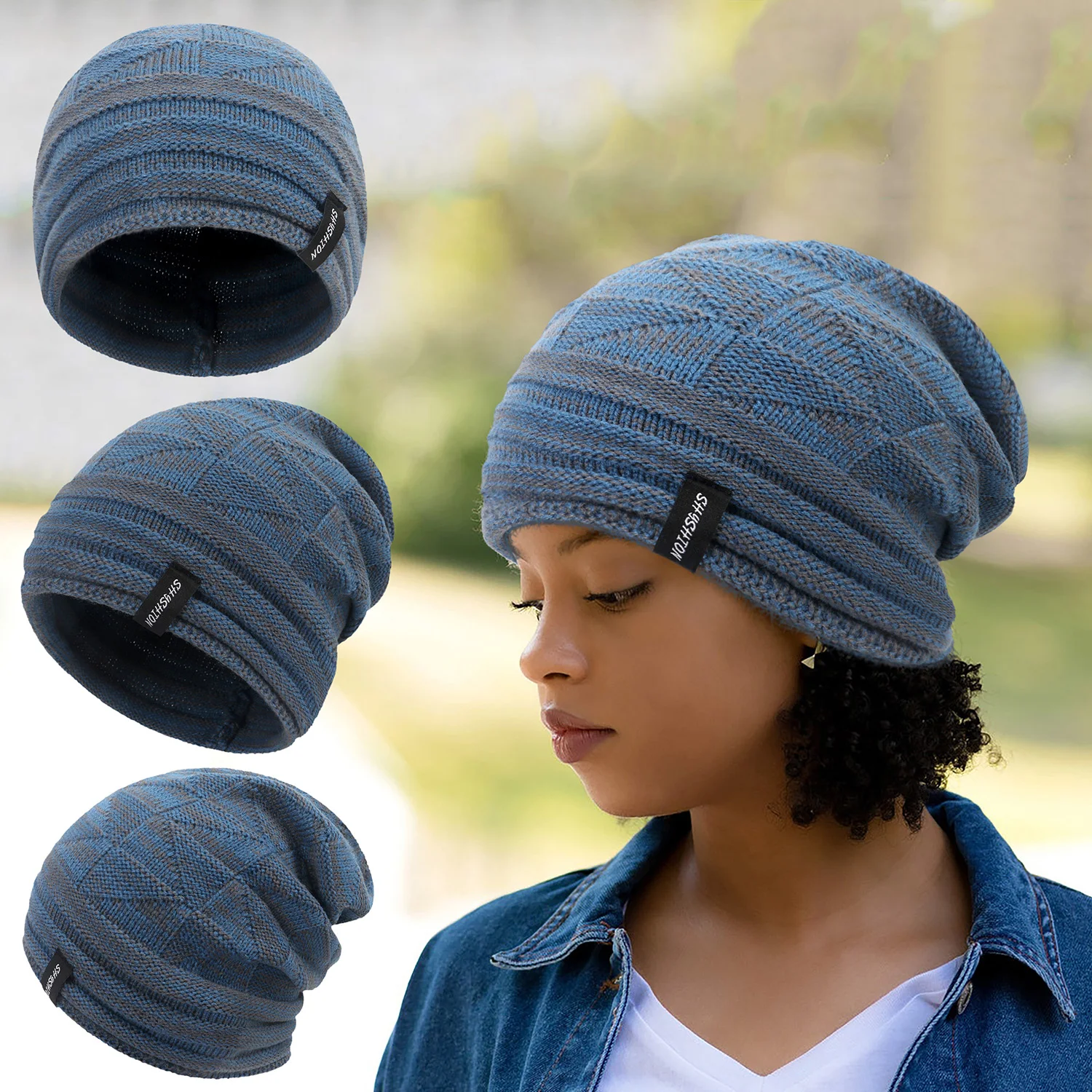 Men's and women's winter crochet pile hats, diamond jacquard two-color ear protection, autumn and winter woolen warm knitted hat