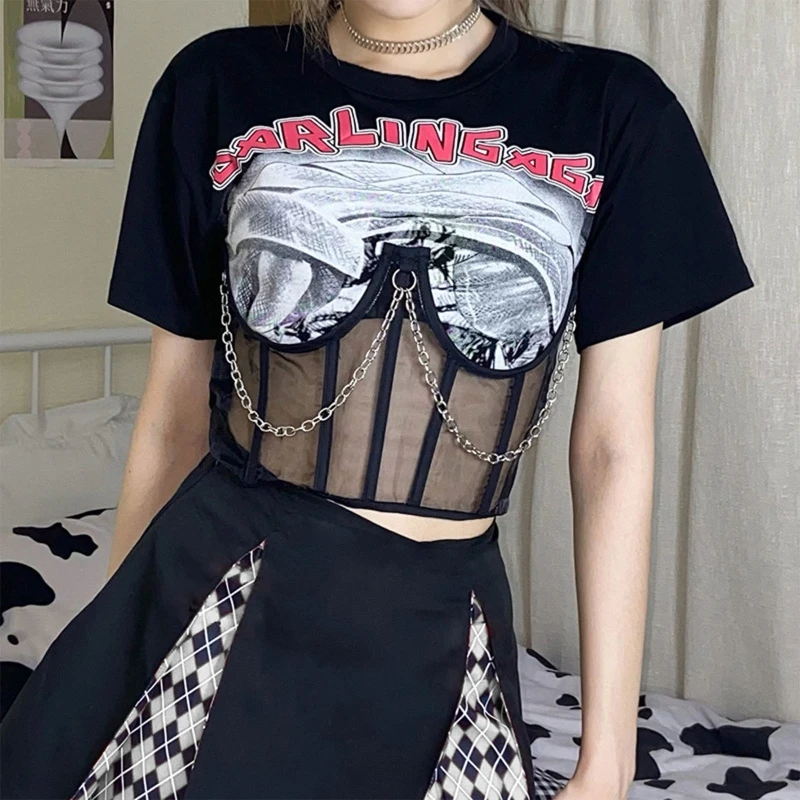 Women Punk Short Sleeve Crop Top Harajuku Mesh Chain Corset Stitching Patchwork T-Shirt Letters Graphic Lace-Up Slim Tee