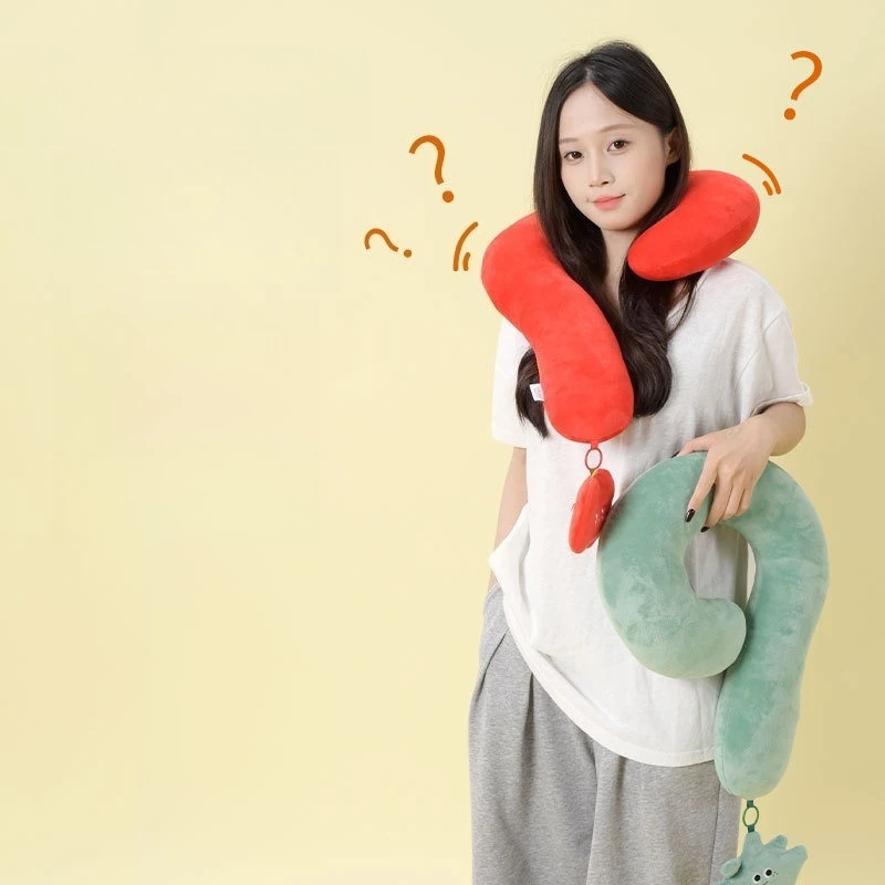 Cartoon Travel Neck Pillow, Creative Question Mark Pillow for Office Nap, Portable Airplane Pillow with Storage Bag