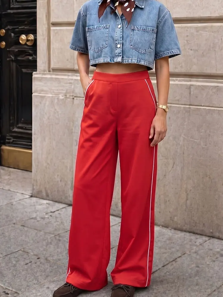 

HH Women Fashion Trousers Hem Side Zipper Straight Pant Drawstring Elastic Waist Loose Wide Leg Streetwear Party Vacation Pants