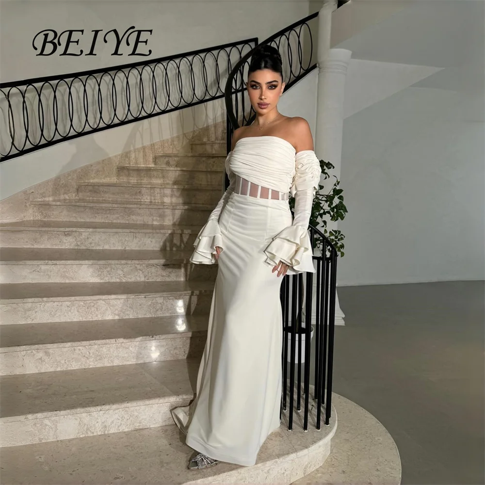 Beye encantador marfim mangas compridas sereia sem alças fora do ombro vestidos de noite vestido de baile formal vestido de festa personalizado