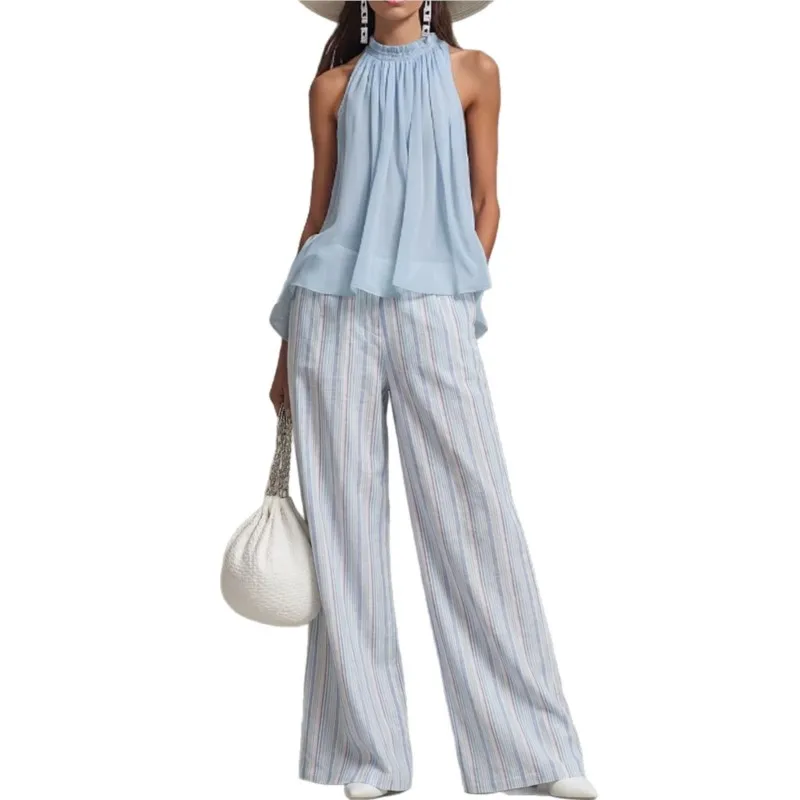 2026 New Women's Pants Set Solid Color Top Hanging Neck Casual Loose Daily Versatile Fashionable Comfortable Striped Pants Set