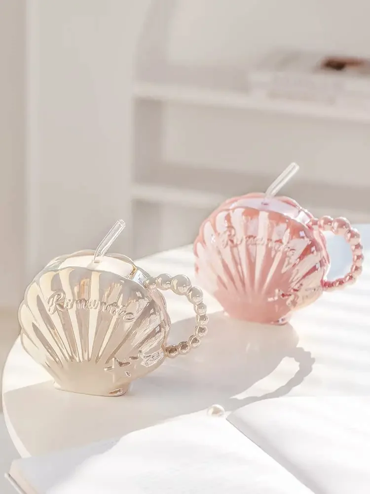 Pearl shell mug with lid straw high value girl cute ceramic water cup gift Shell cup water cup 450ML