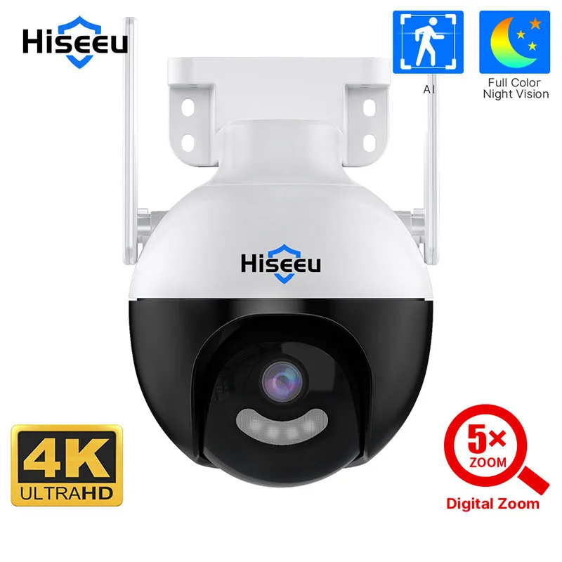 Hiseeu 4K 8MP WiFi PTZ IP Camera 5x Digital Zoom AI Human Detection Wireless Outdoor Color CCTV IP Security Protection Camera