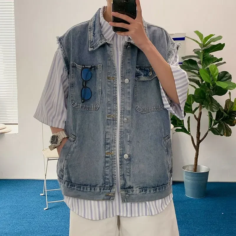 

Vintage Style Denim Vest for Men Unisex Sleeveless Jacket with Frayed Edges Perfect for Ins Style Streetwear Layering