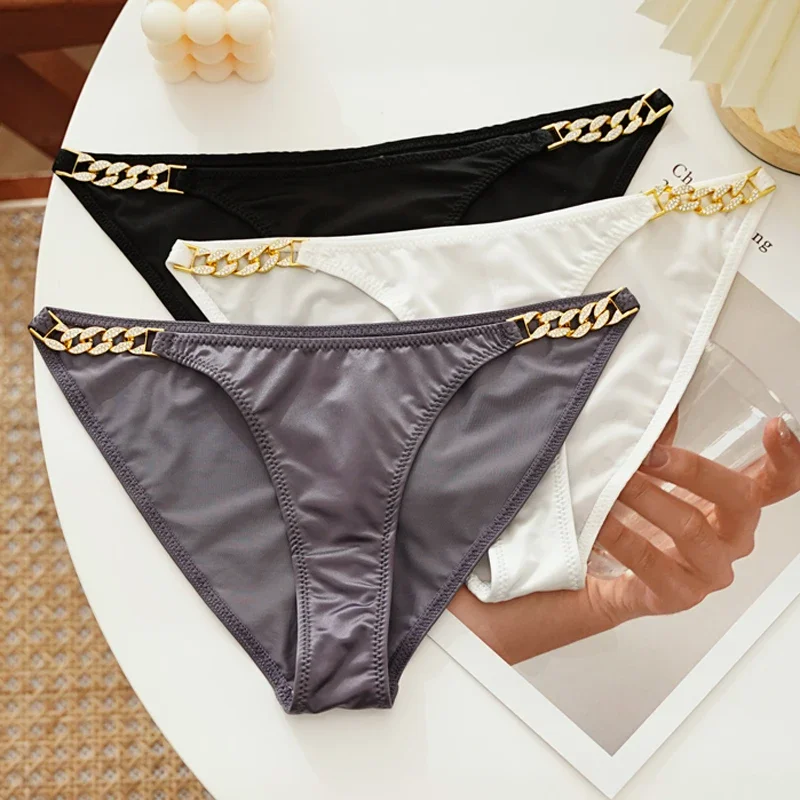 CINOON French Satin Sexy Lingerie For Women Diamond Inlaid Chain metal Low waisted Panties New Seamless Triangle Underpants