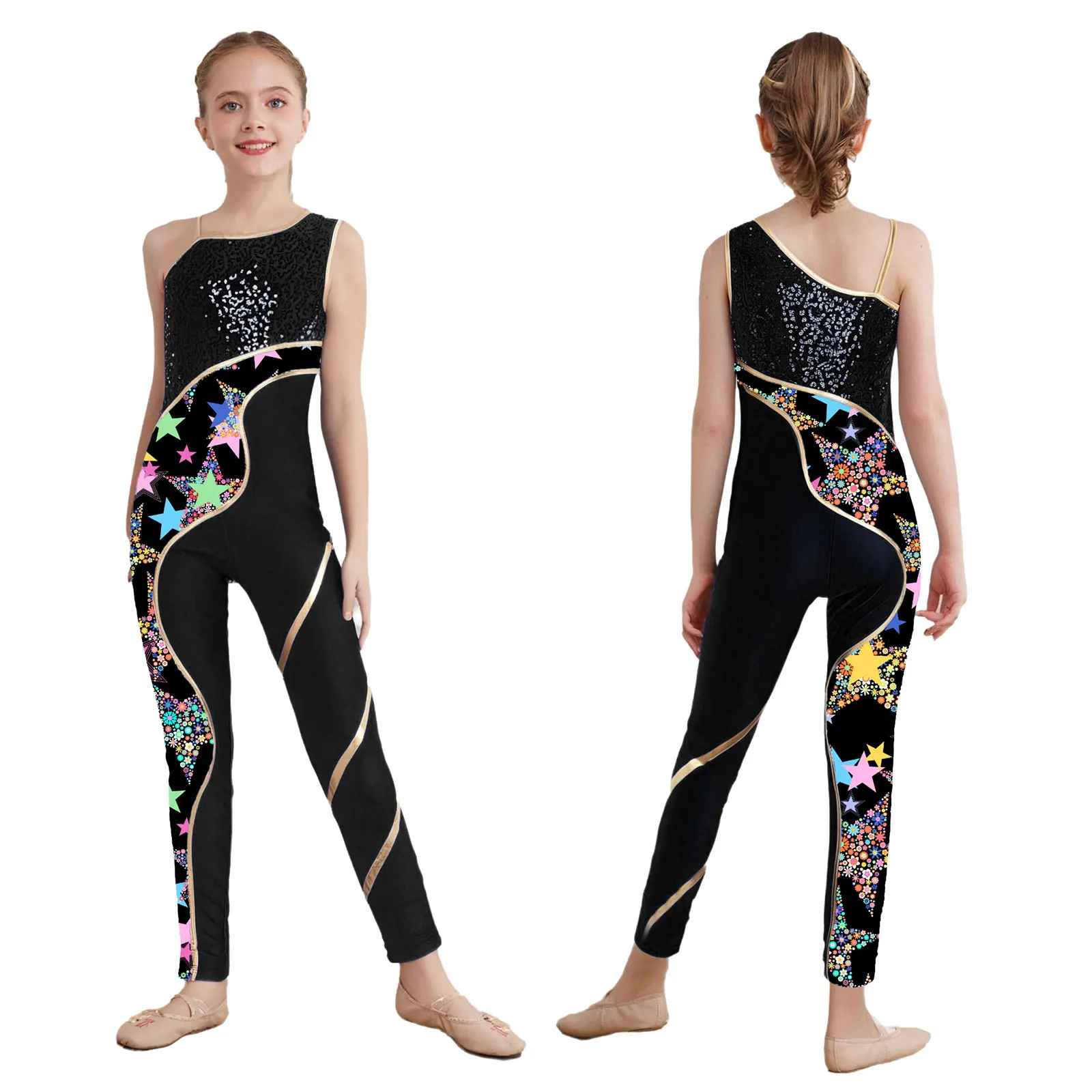 أطفال بنات الشكل التزلج ملابس رقص الجمباز أكمام الجمباز بذلة لامعة الترتر طباعة كامل طول ارتداءها الباليه التدريبات