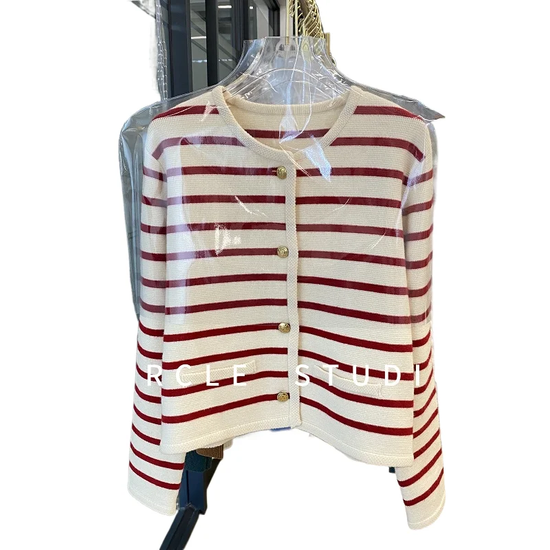 

Golden Striped O-neck Sweater French Loose Short Contrast Color Knitted Cardigan Women Spring Autumn Long Sleeved