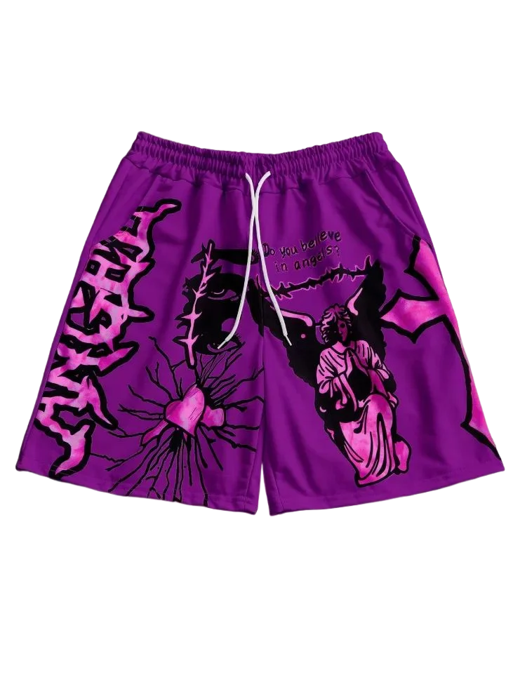 Men's Y2K Angel Graffiti Print Basketball Shorts Drawstring Loose Fit Casual Streetwear Summer Athletic Shorts for Men