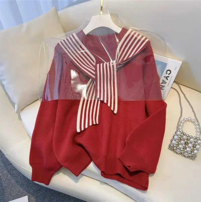 Oversized Women's Design with Striped Patchwork Shawl Sweater Japanese Lazy Retro 2023 Autumn New Winter Knit