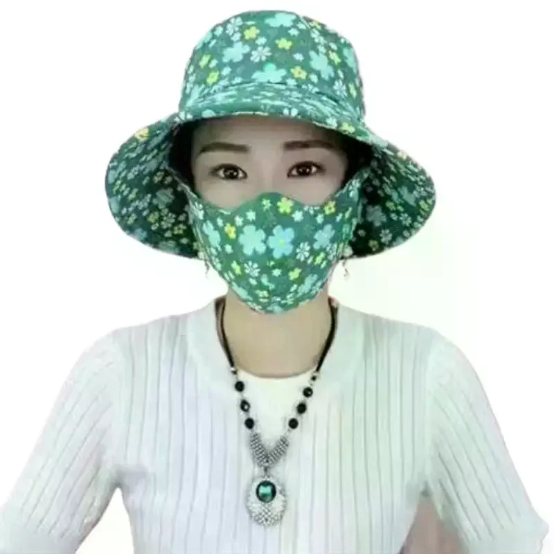 Women's Summer Floral Fisher Hat with Matching Mask Breathable Countryside Style for Patio Beach Vacation Daily Use