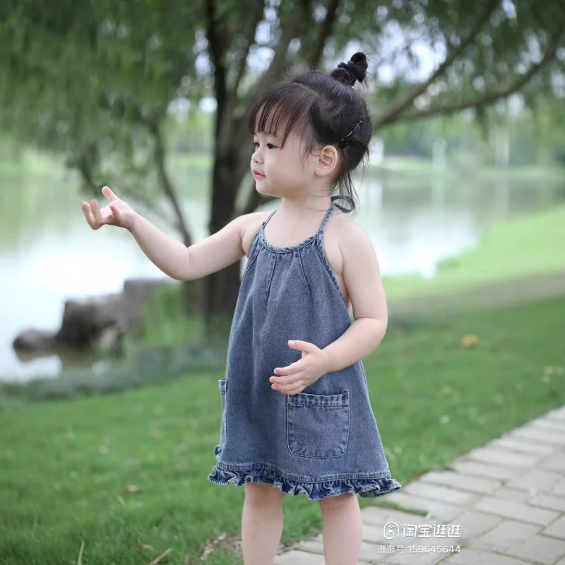 

Korean children's clothing girls' denim dress2026New Summer Fashionable Lace-Up Halter Neck Dress