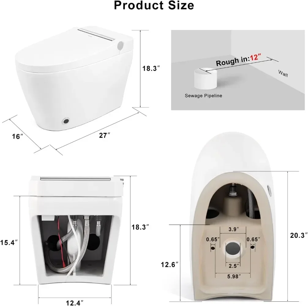 Heated Seat Smart Toilet, One Piece Toilet, Automatic Flush Tankless Toilet without Bidet, Foot sensor Flush, Blue Night Light