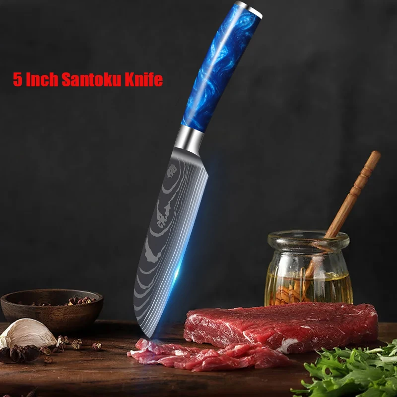 5 Inch Santoku Knife Kitchen Knives Set Exquisite Blue Resin Handle Laser Damascus Pattern Chef Knife Cleaver Slicing Knives