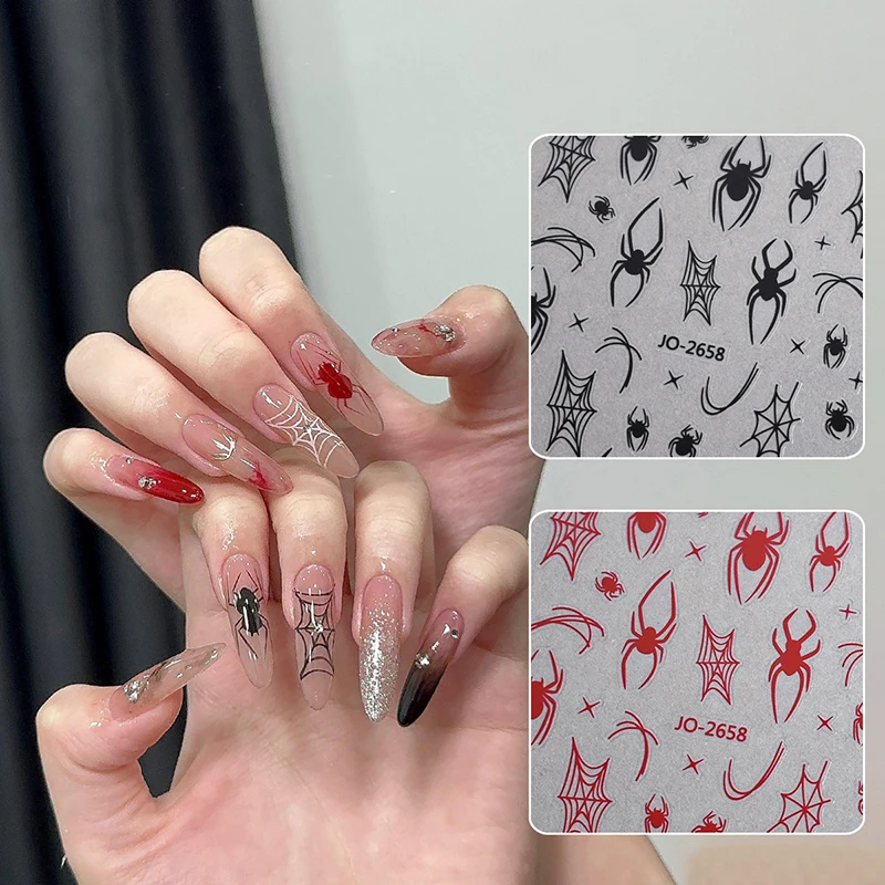 

Black Red Spider Halloween Nail Art Stickers Heart Spider Webs Designs Self-Adhesive Slider For Manicure Decoration Sticker