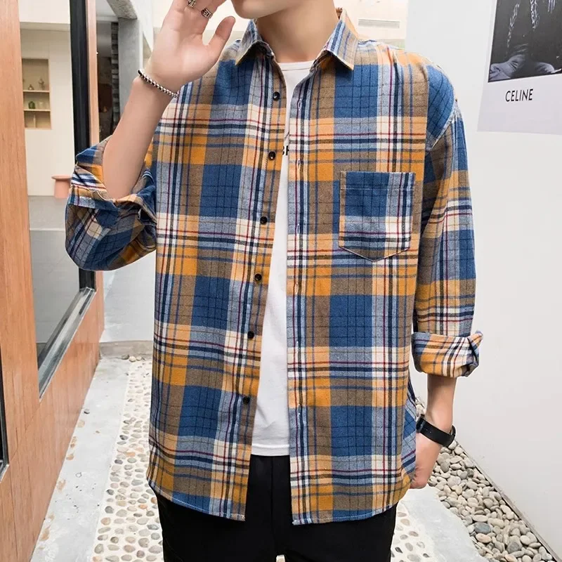 Brand Casual Men\'s Plaid Shirt 2024 Spring New Boutique Ladies Loose Blouse and Tops Long Sleeve Blouses Clothes