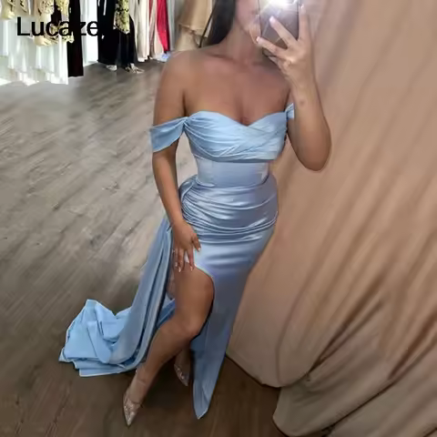 Sky Blue Pleat Formaly Evening Dress Mermaid Side Split Sweetheart Prom Dresses Dubai Celebrity Gowns customized