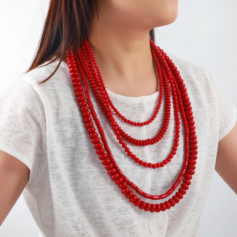 

New Trendy Red Resin Beads Multi Layer Necklace for Women Europe America Handmade Beaded Stacked Necklaces Female Party Jewelry