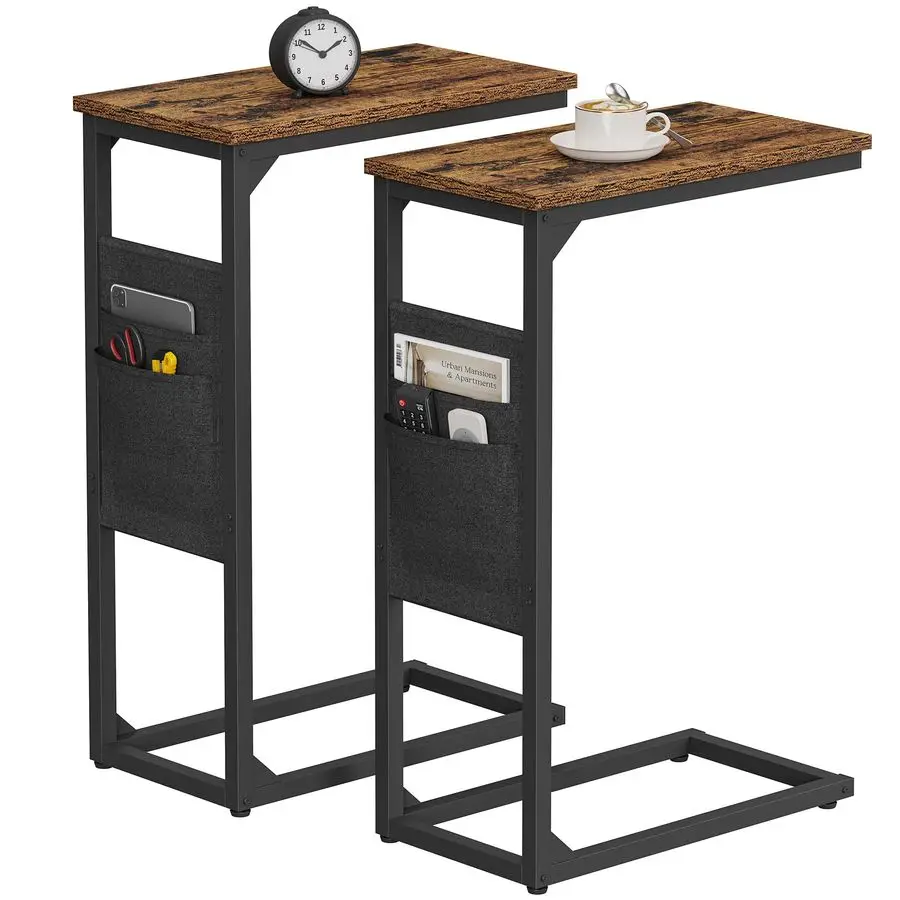 

C-образный торцевой столик, приставной столик для дивана, диван-стол с сумкой для хранения, поднос для телевизора для гостиной, спальни, коричневый TB01BB0822