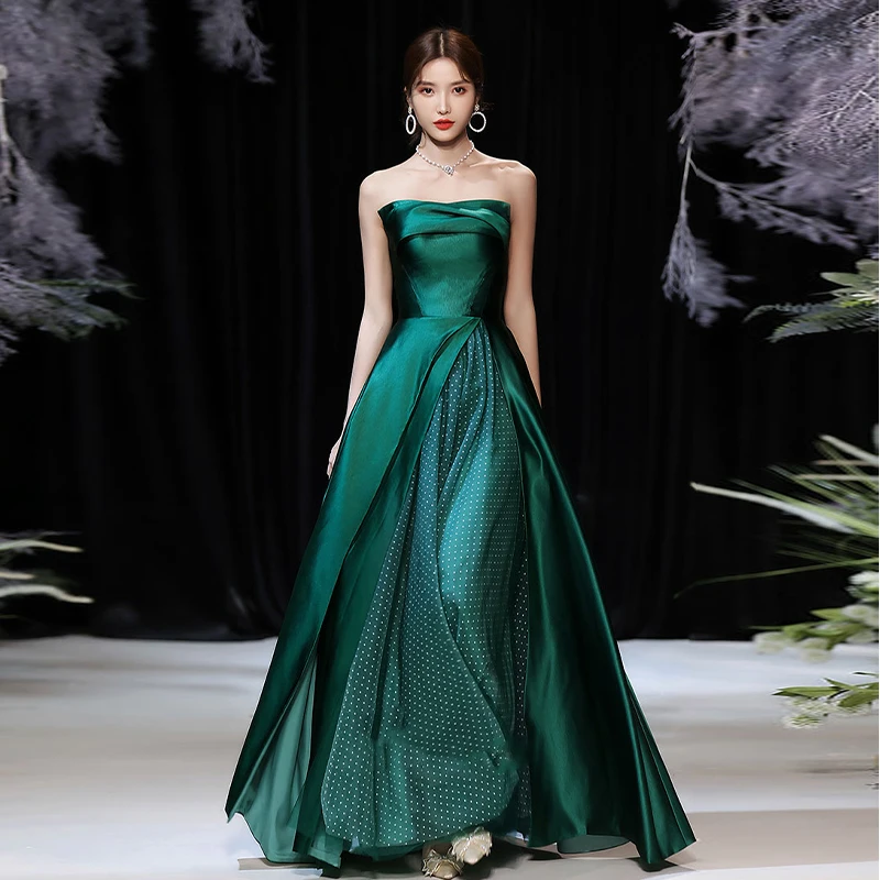 

Evening Dress Green Shiny Satin Strapless Tulle Pleat Lace up Simple A-line Floor Length Plus size Women Party Dresses A1008