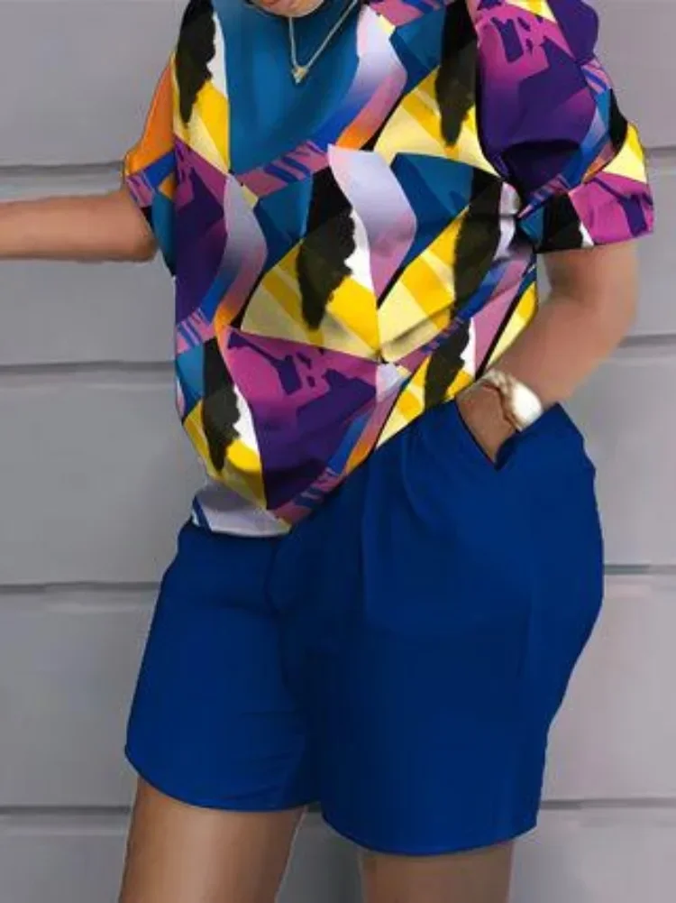 Plus Size 1XL-5XL Women Casual Loose Short Sleeve Tshirt Shorts Set Fashion O-neck Colorful Print Two Piece Set Women Outfit