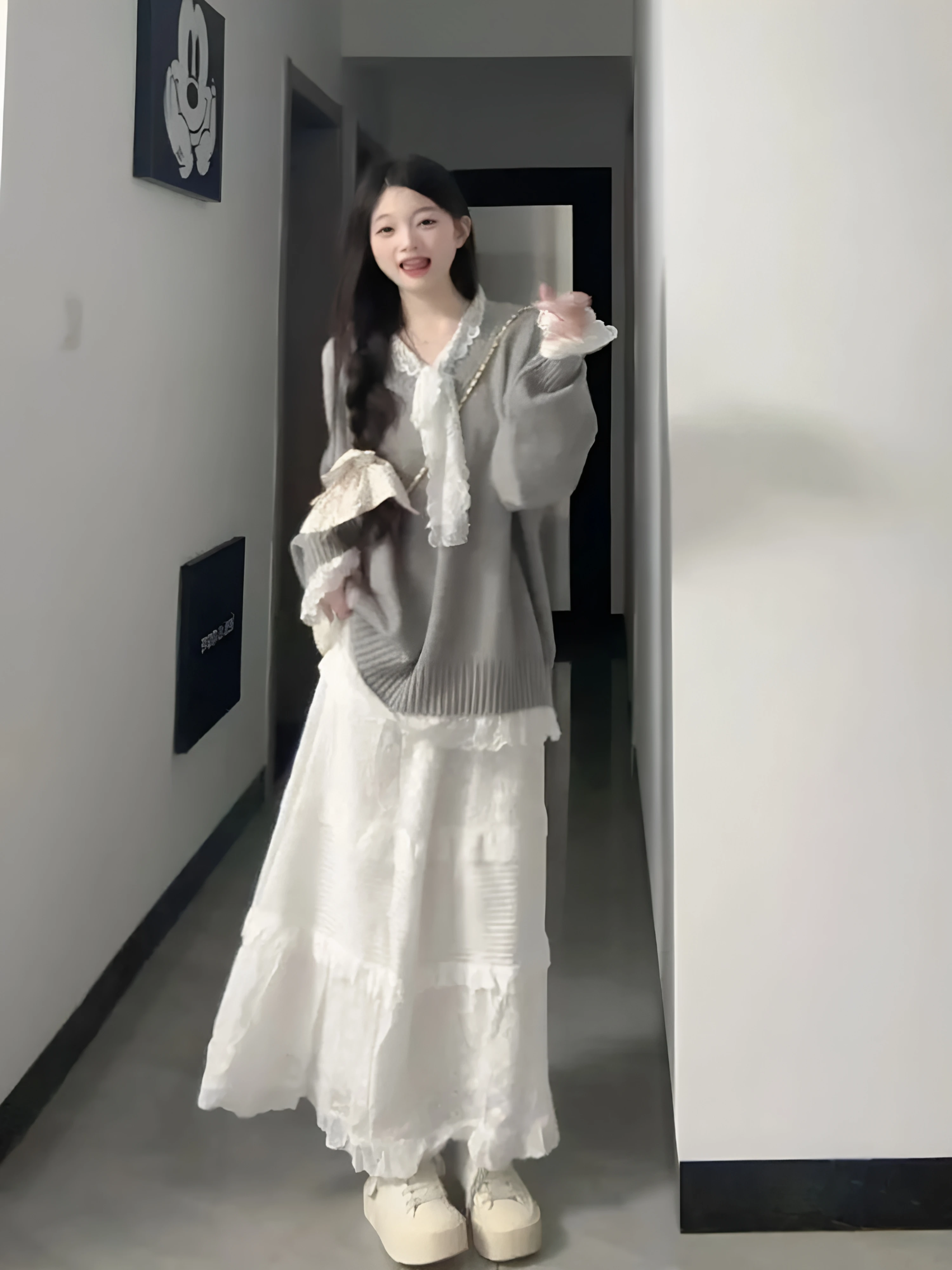 Sweet Preppy Style Knit Sweater Set with Lace Splice  Skirt Two Piece Autumn Winter Fashionable Outfit for Women