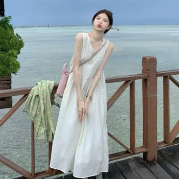 우아한 슬리밍 롱 드레스 여성 봄 2024 새로운 스타일 소프트 화이트 조끼 라운드 넥 프릴 중공 루즈 피트 의류 