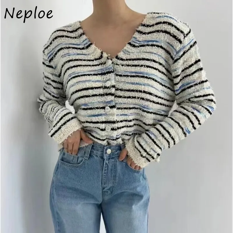 

Neploe Korean Chic Niche Striped Contrasting Knitted Cardigan Femme 2025 Autumn V-Neck Single Breasted Slim Long Sleeve Sweater