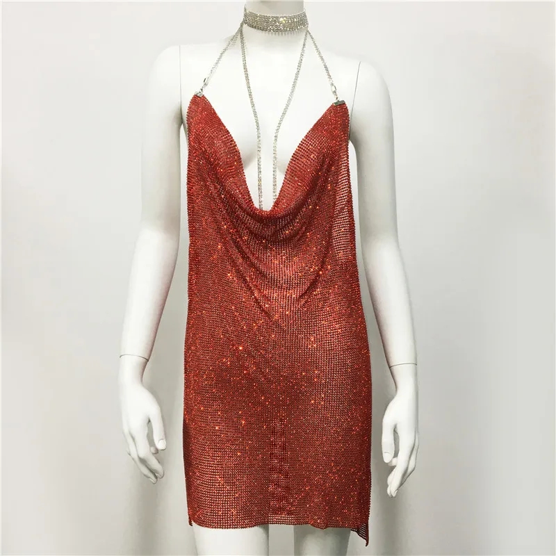 Strass Cadeia Halter Neck Vestido de festa, Vestido Sexy decotado, ZL58