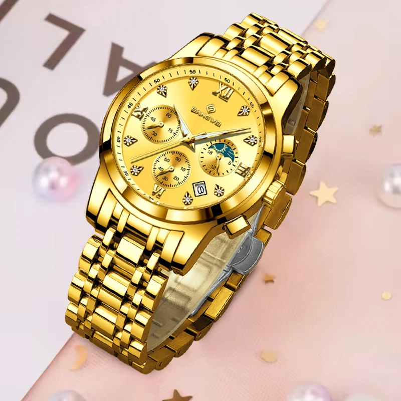 

BANGWEI новые роскошные 24-часовые часы с фазой Луны, женские золотые светящиеся водонепроницаемые наручные часы с хронографом из нержавеющей стали для женщин