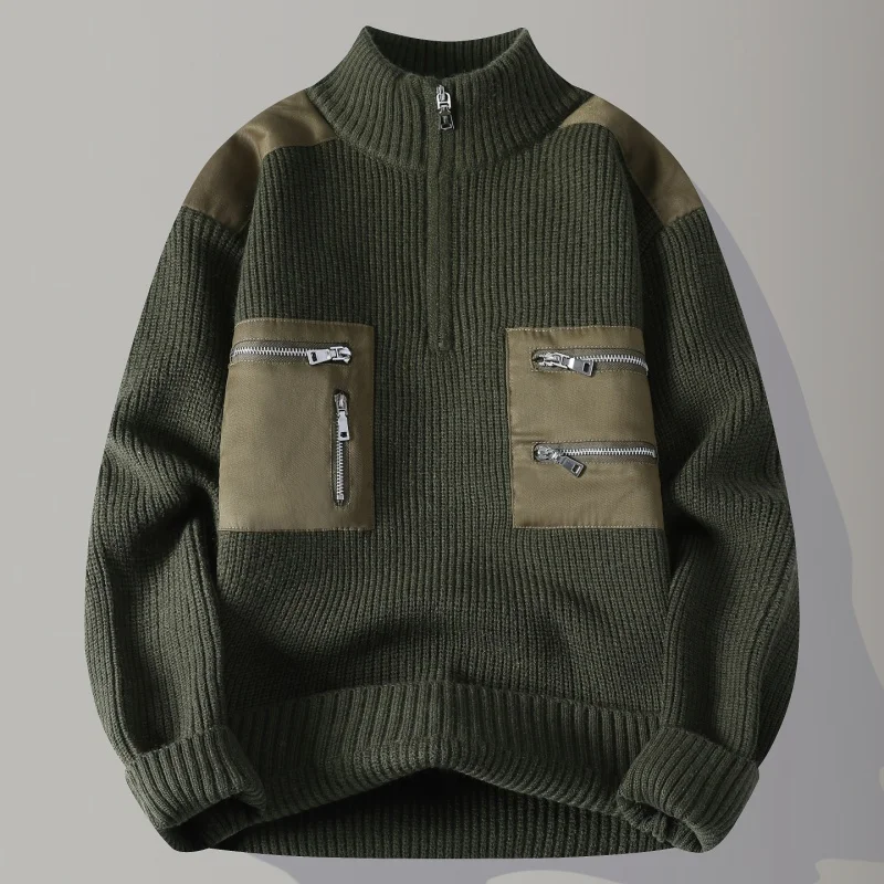 الرجال الفاخرة الخريف الشتاء طويلة الأكمام متماسكة سترة عالية الرقبة سستة جيب الدفء السترة الاتجاه الترفيه الرجال الملابس قمم #5