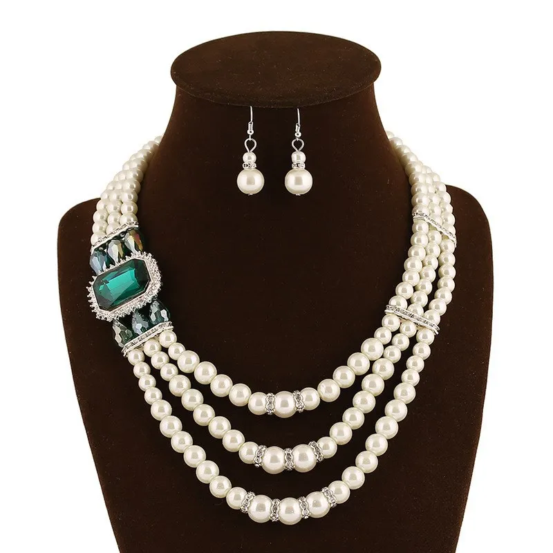 3-layered White Faux Pearl Necklace and Earrings Set with Crystal  Rhinestone Bridal Long   Jewelry