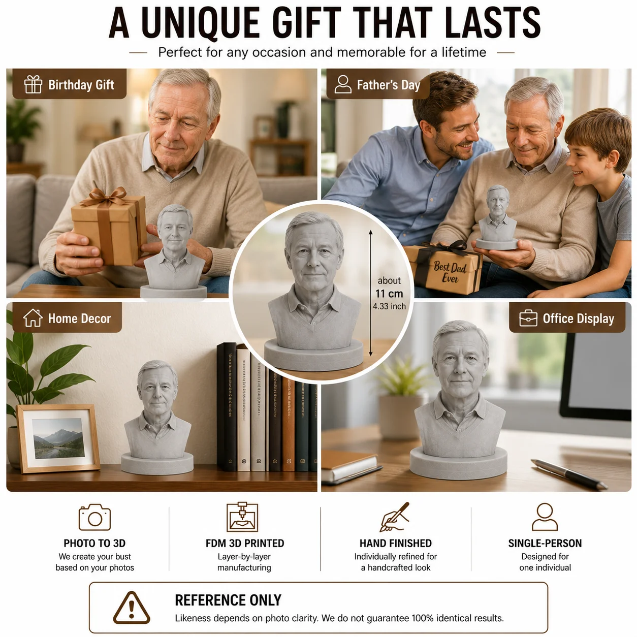 Personalized 3D Portrait Bust from Photo Custom Human Face Sculpture Printed Head Statue Memorial Keepsake Gift