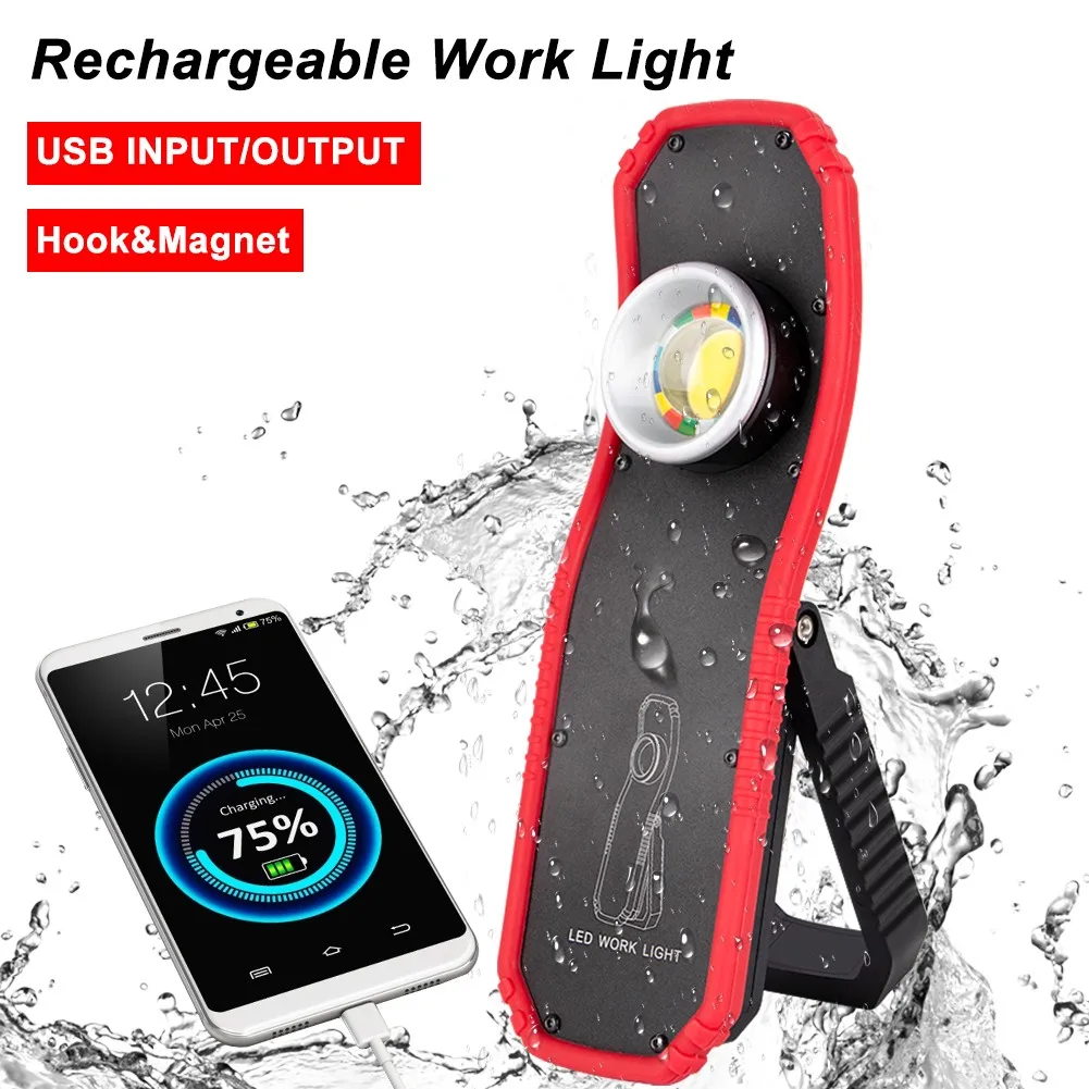 Portable LED COB Flashlight Torch USB Rechargeable Magnetic Lantern Camping Hanging Hook Lamp High-Low Modes Lighting Work Light