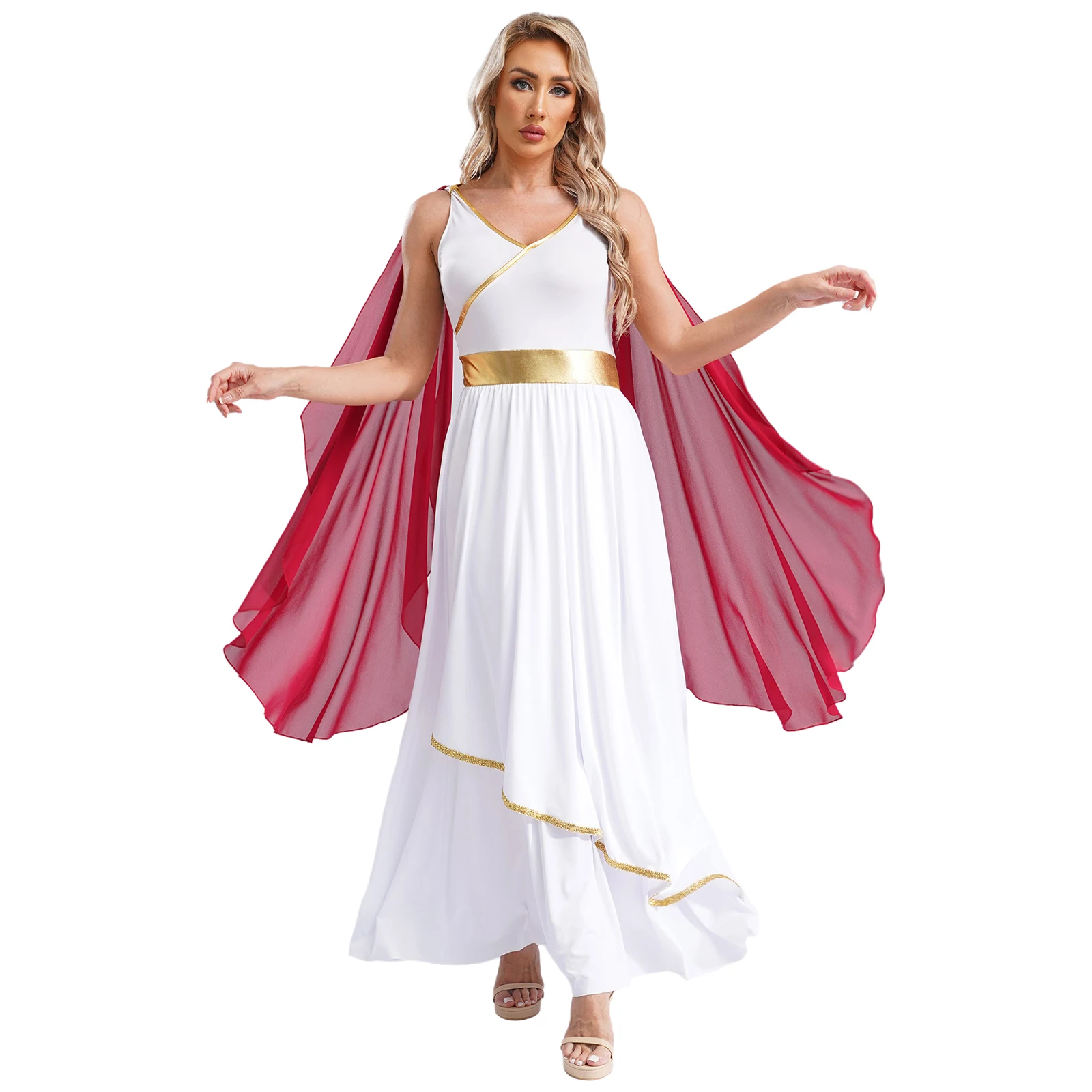 Women Ancient Greek Beauty Dance Party Dress V Neck Sleeveless Gold Trims Toga Greece Roman Queen for Cosplay Halloween Costumes