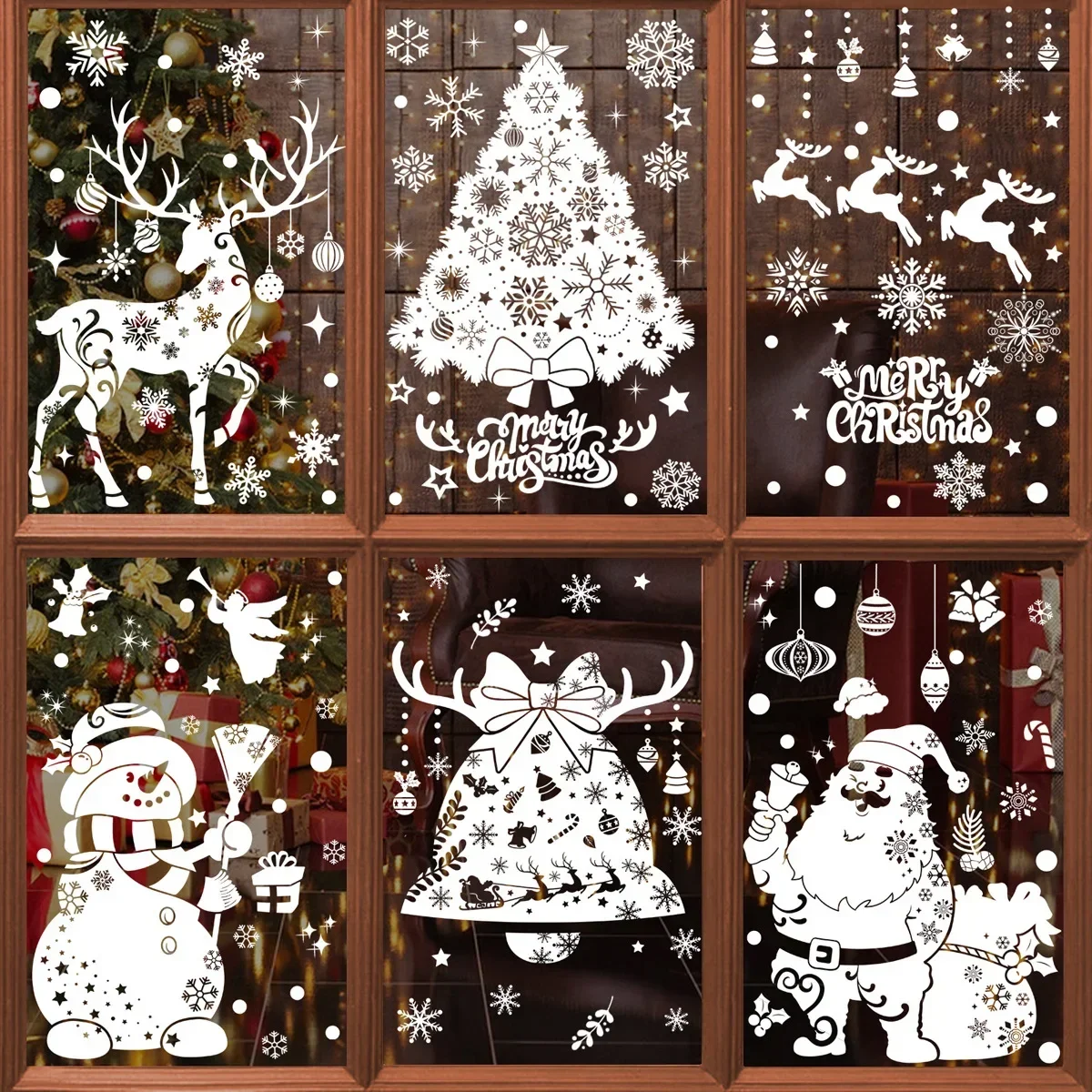 Merry Christmas Snowman Static Window Sticker White Snowflake Santa Elk Wreath Wall Stickers Kids Room Shopwindow Glass Decals