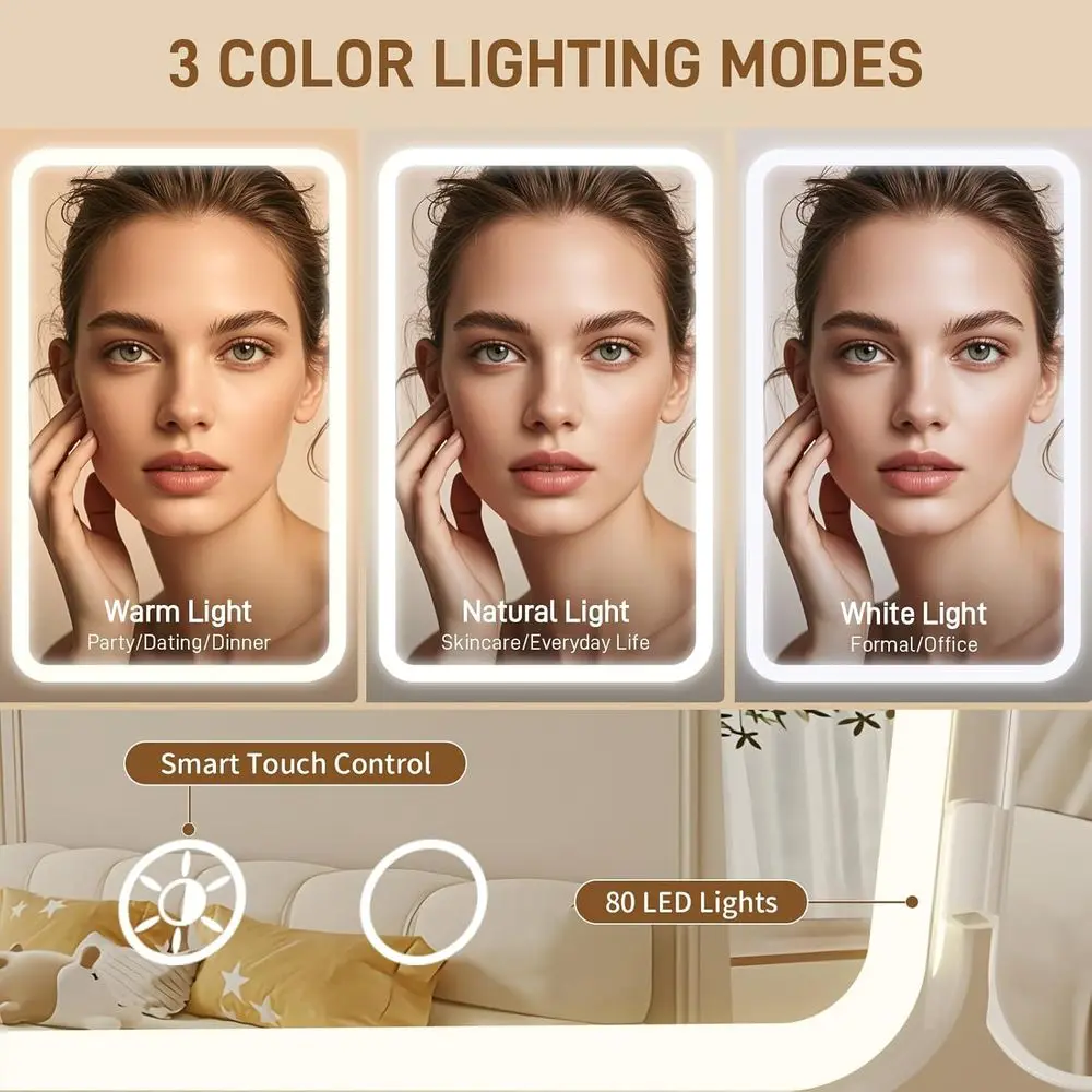 مرآة مكياج محمولة بإضاءة LED مع تكبير 1X/3X/5X، وتحكم باللمس، و3 ألوان فاتحة قابلة للتعديل للسفر #4
