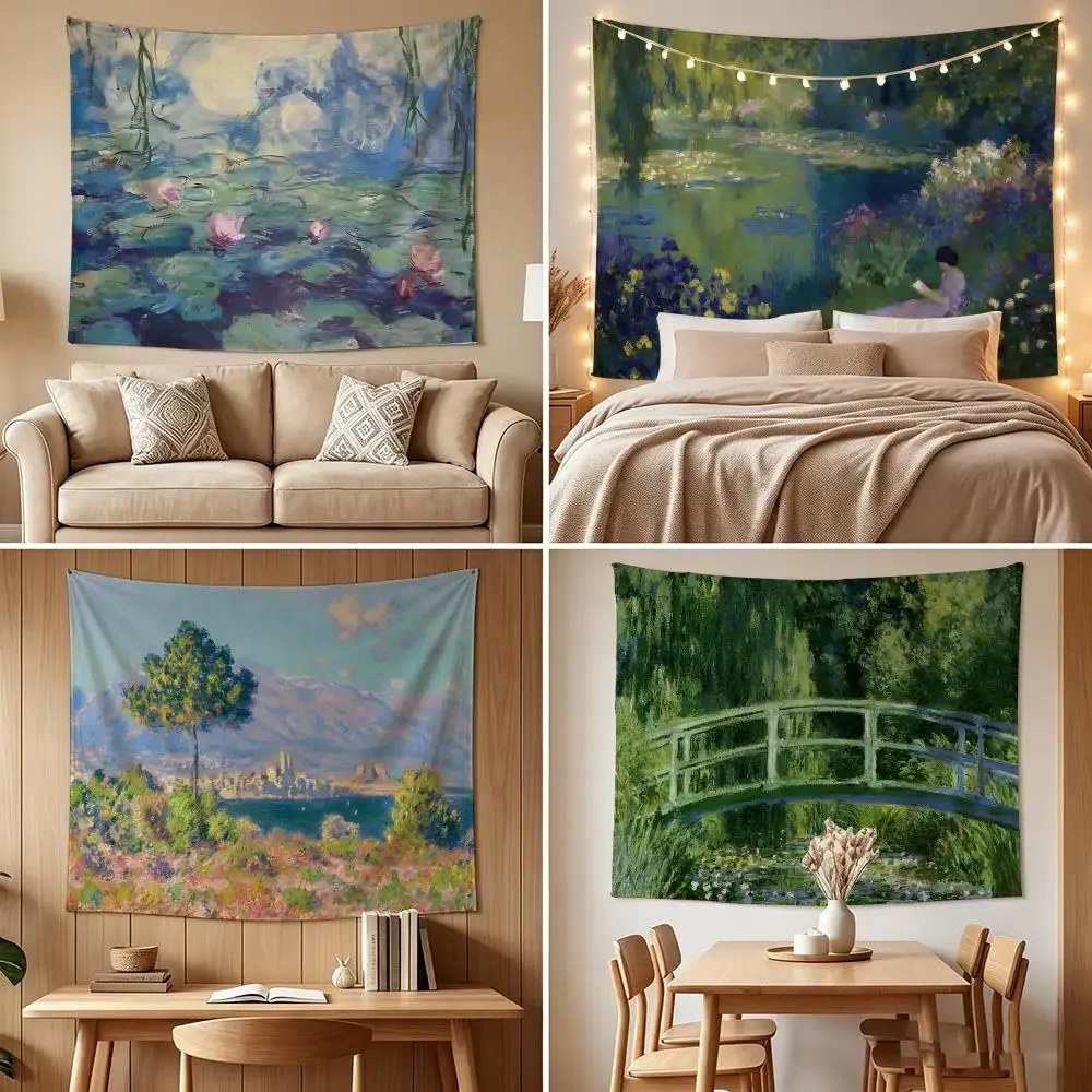 Monet Footbridge The Water Lily Pool Tapestry Custom Living Bedroom Party Dormitory Interior Wall Bohemian Decora Attached Clip